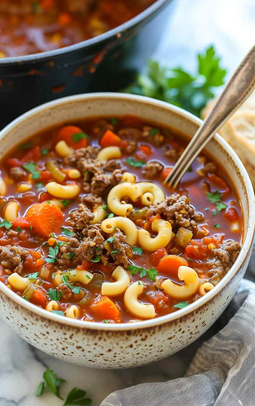 Beef and tomato macaroni soup