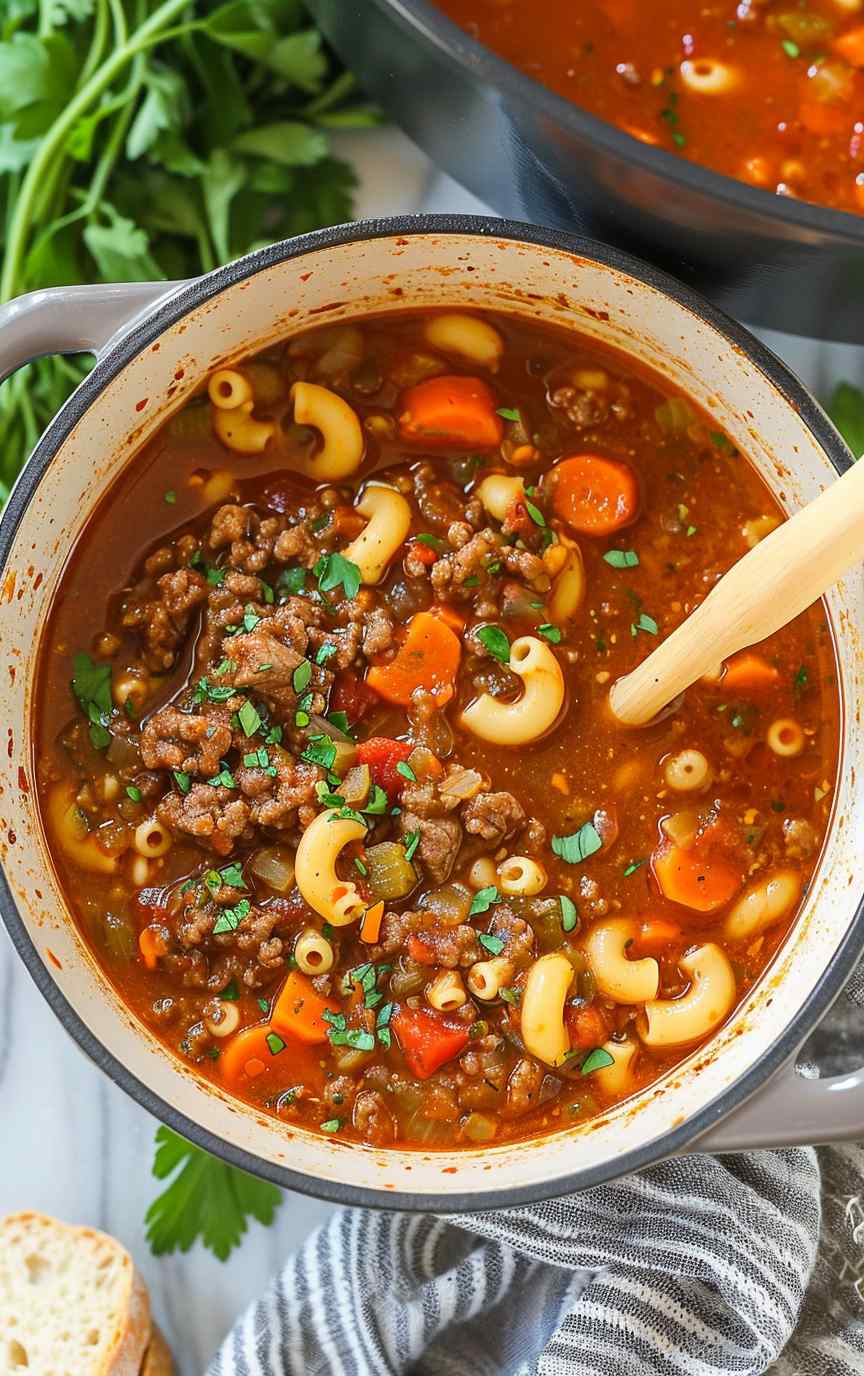 Beef and tomato macaroni soup