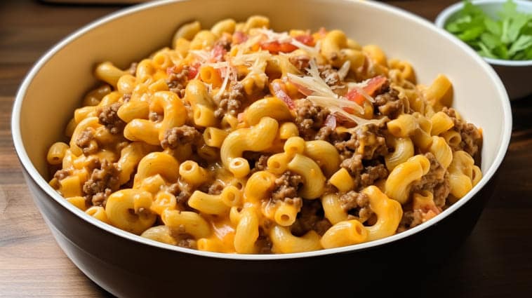 QUESO MACARONI AND CHEESE WITH TACO BEEF
