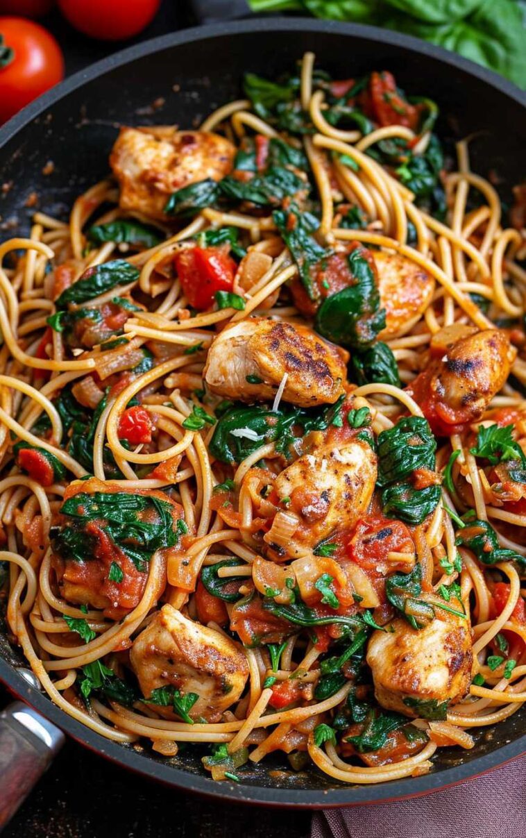 Tomato spinach chicken spaghetti